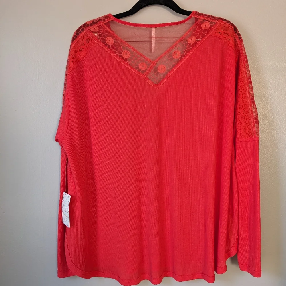 Free People Lola Lace Longsleeve Red Top Women's M
